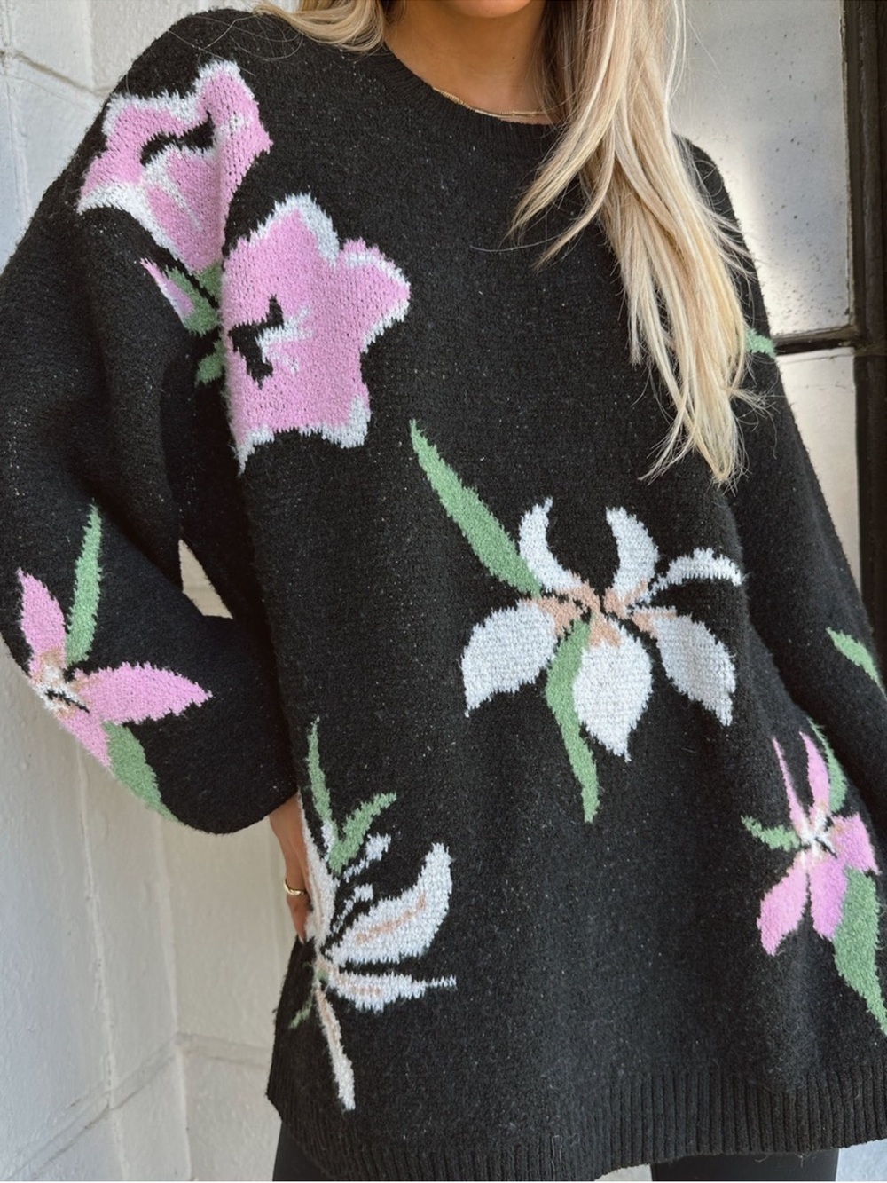 Show Me Your MuMu Black Floral Crewneck Sweater with Pink & White Blooms